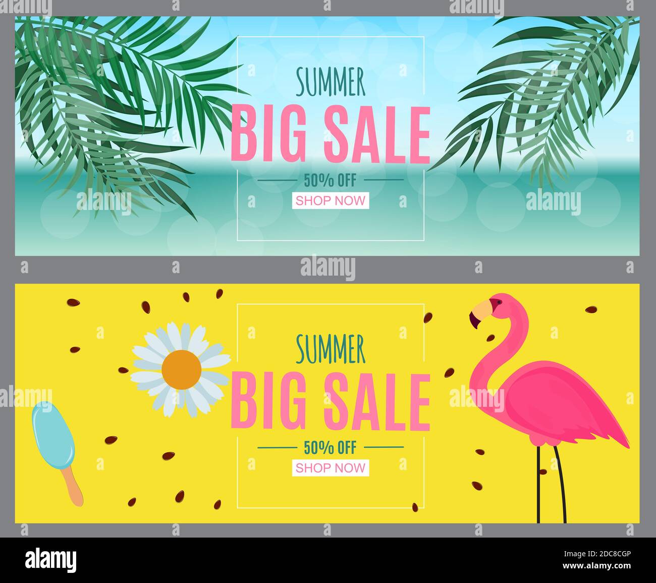 Abstract Summer Sale Background with Palm Leaves and Flamingo ...