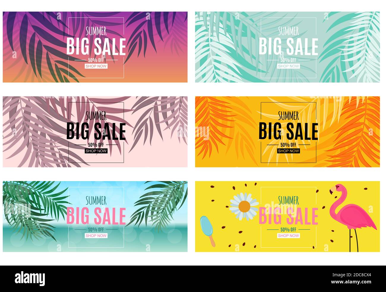 Abstract Summer Sale Background with Palm Leaves and Flamingo ...