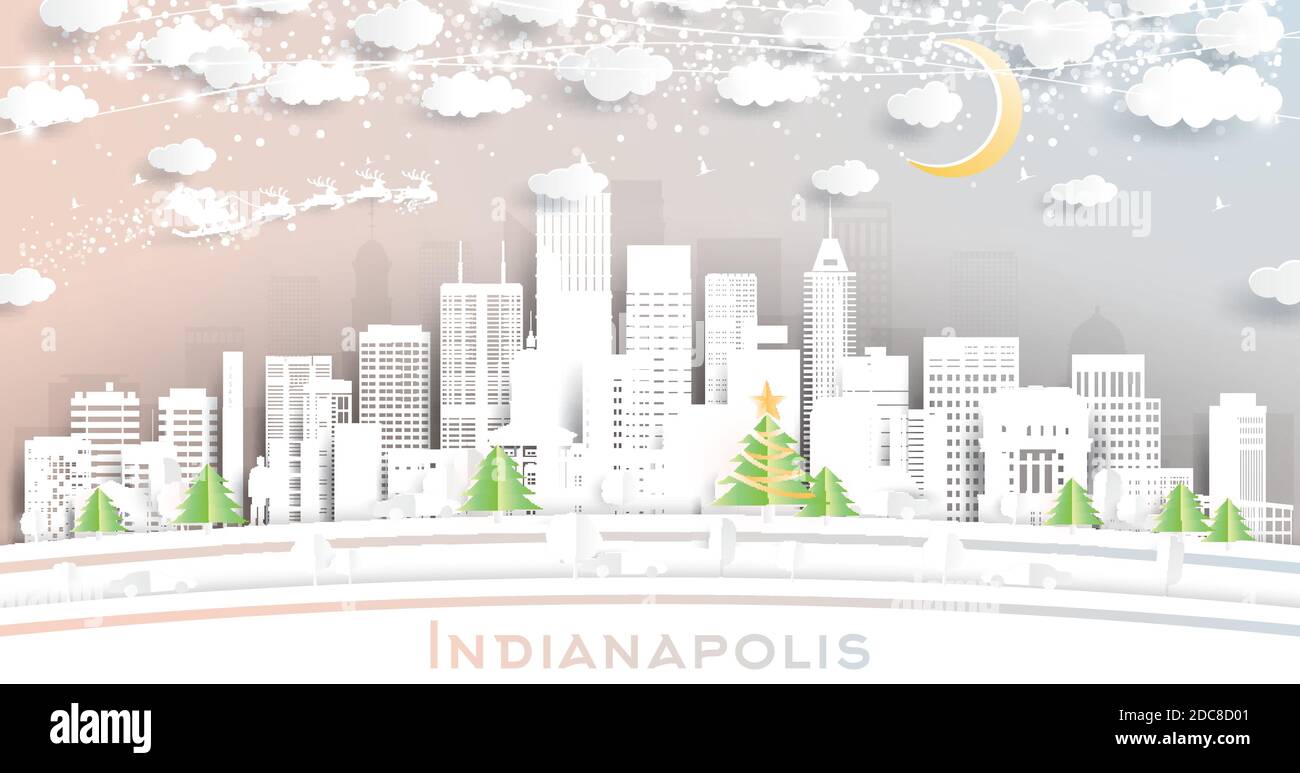 Indianapolis Indiana USA City Skyline in Paper Cut Style with Snowflakes, Moon and Neon Garland. Vector Illustration. Christmas and New Year Concept. Stock Vector