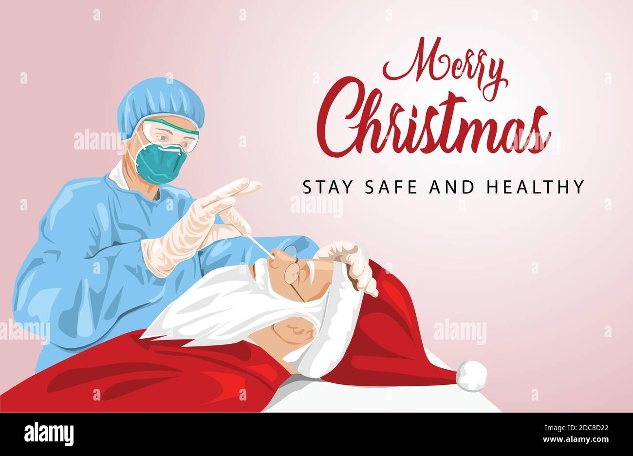 Merry Christmas greetings. Santa Claus doing swab test, covid-19 corona virus concept as a Christmas holiday season. vector illustration Stock Vector