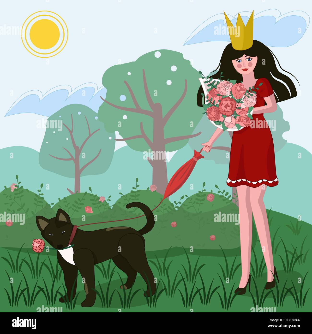 A girl in a red dress walks with her dog. She is holding a bouquet of flowers. This is a vector illustration. Stock Vector