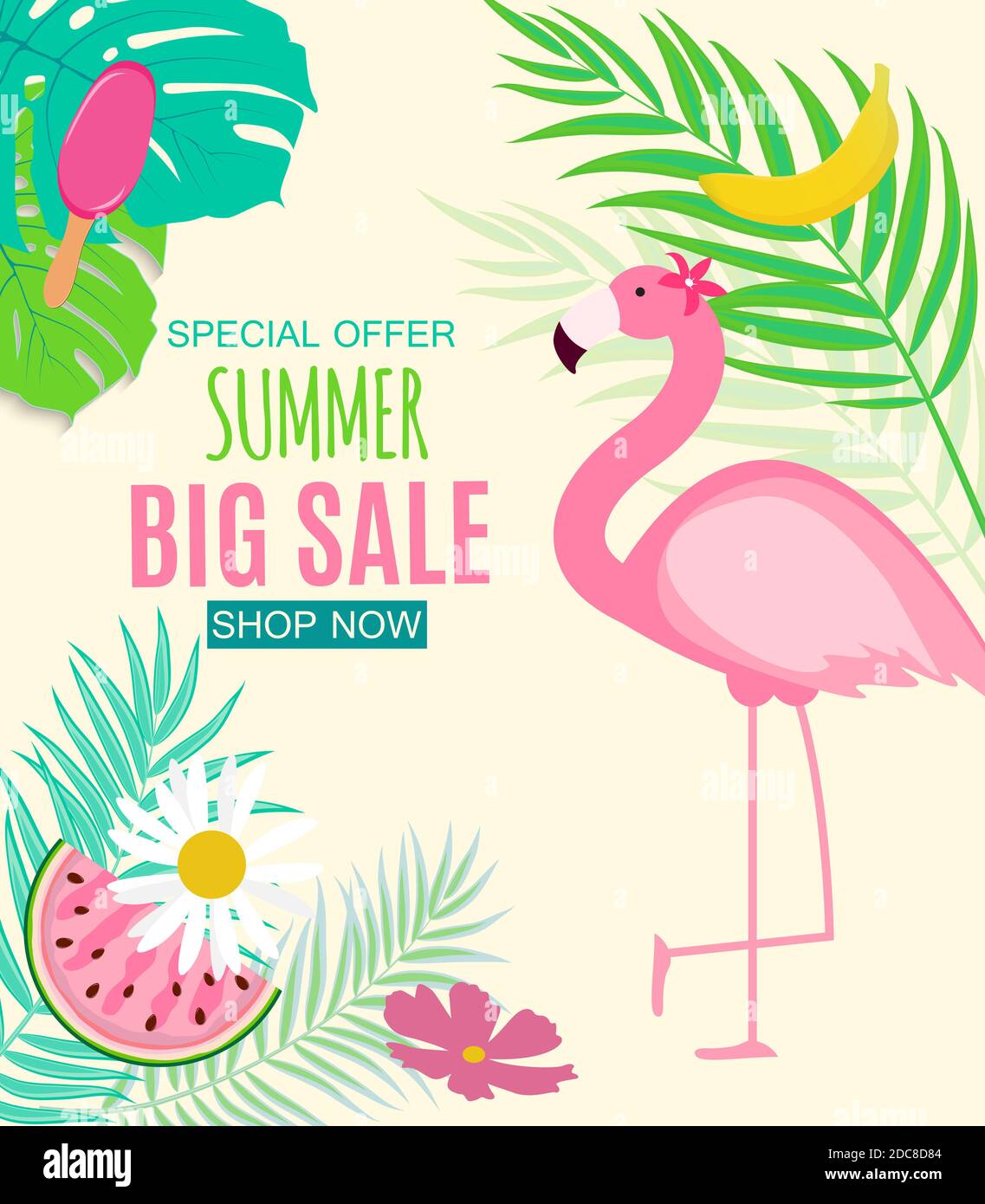 Abstract Summer Sale Background with Palm Leaves and Flamingo ...