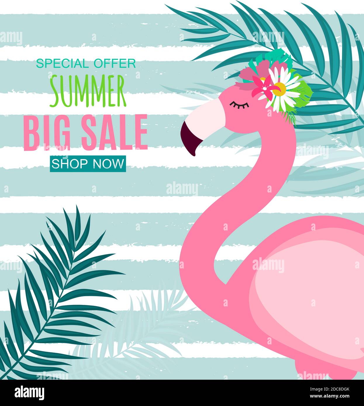 Abstract Summer Sale Background with Flamingo and Palm Leaves ...