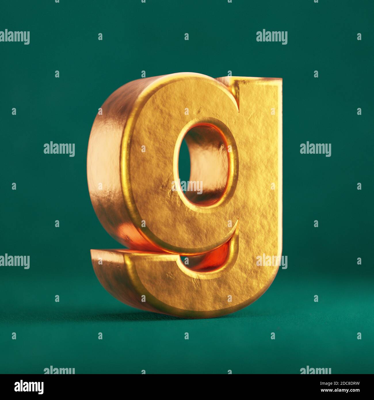 Fortuna Gold Letter G lowercase on Tidewater Green background. Trend color font type symbol. 3d render. Stock Photo