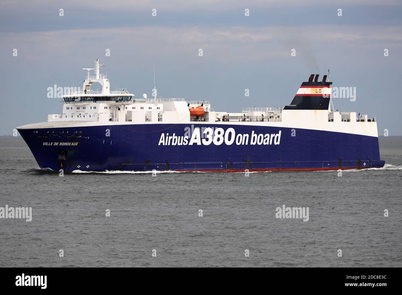 The Ro-Ro cargo ship Ville de Bordeaux will pass Cuxhaven on August 21, 2020 on its way to France. Stock Photo