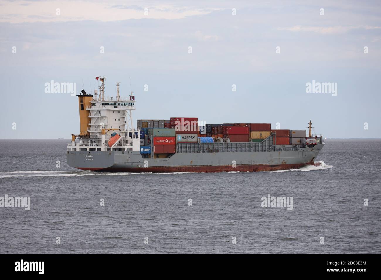The feeder ship Bjorg will pass Cuxhaven on August 21, 2020 on its way to the Kiel Canal. Stock Photo