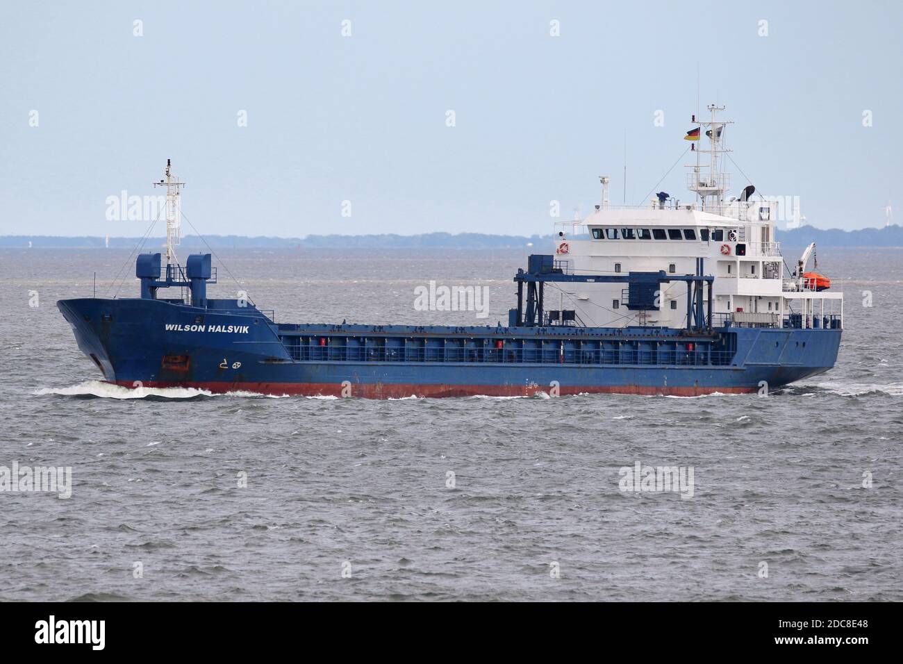 The cargo ship Wilson Halsvik will pass Cuxhaven on August 21, 2020 on its way to the North Sea. Stock Photo