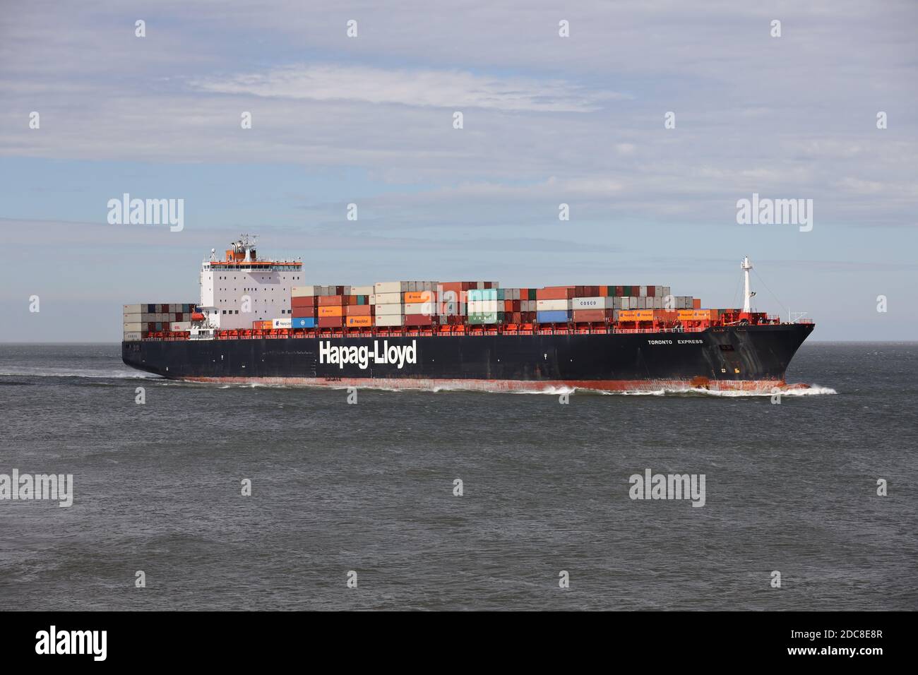 The container ship Toronto Express will pass Cuxhaven on August 21, 2020 on its way to Hamburg. Stock Photo