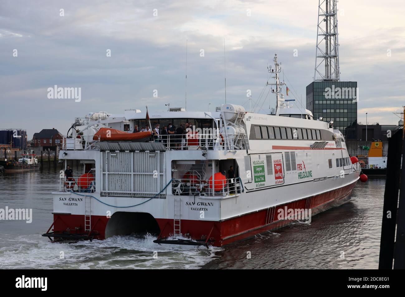 The high-speed catamaran San Gwann will reach the port of Cuxhaven in the evening on August 20, 2020. Stock Photo