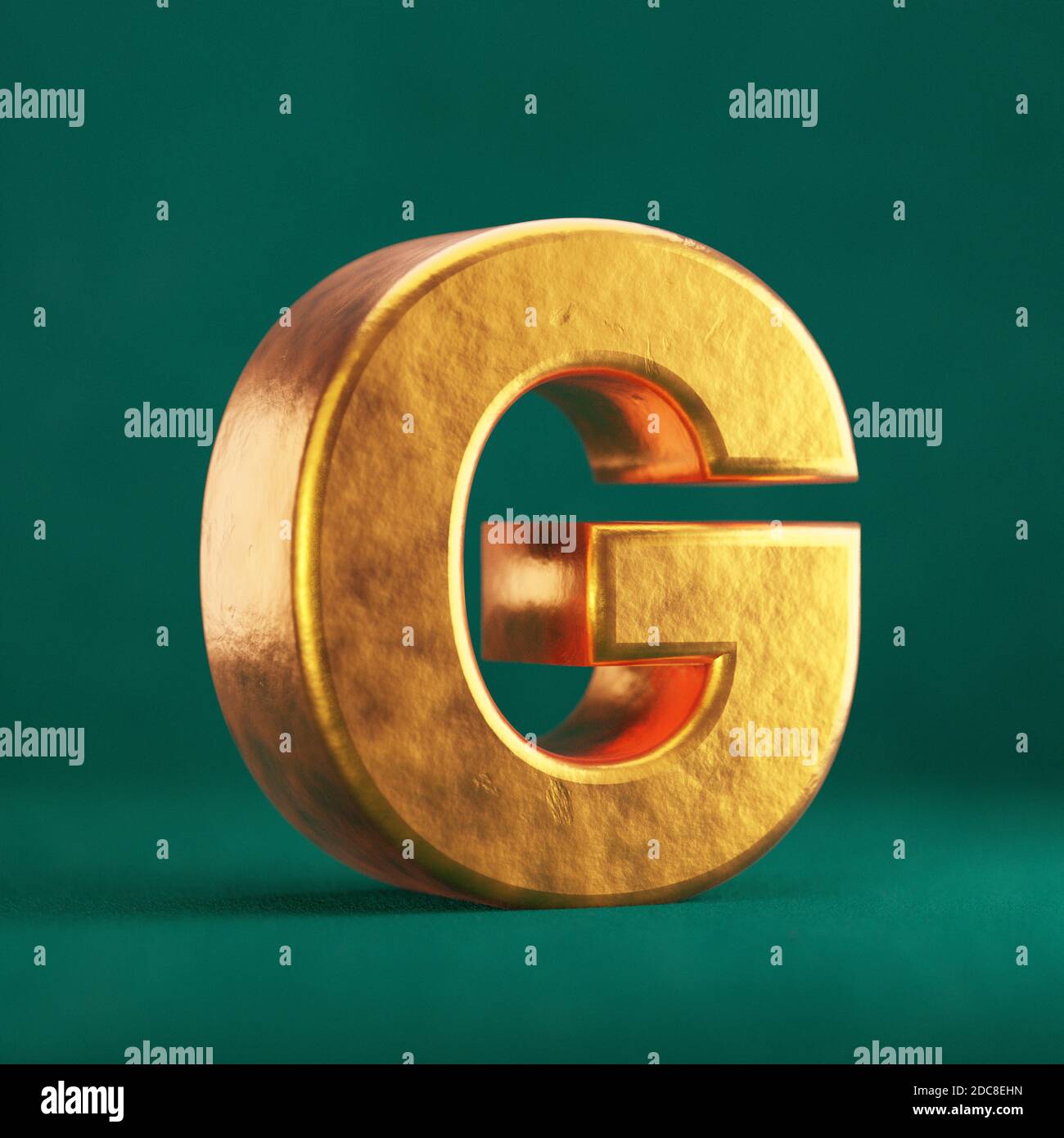 Fortuna Gold Letter G uppercase on Tidewater Green background. Trend color font type symbol. 3d render. Stock Photo
