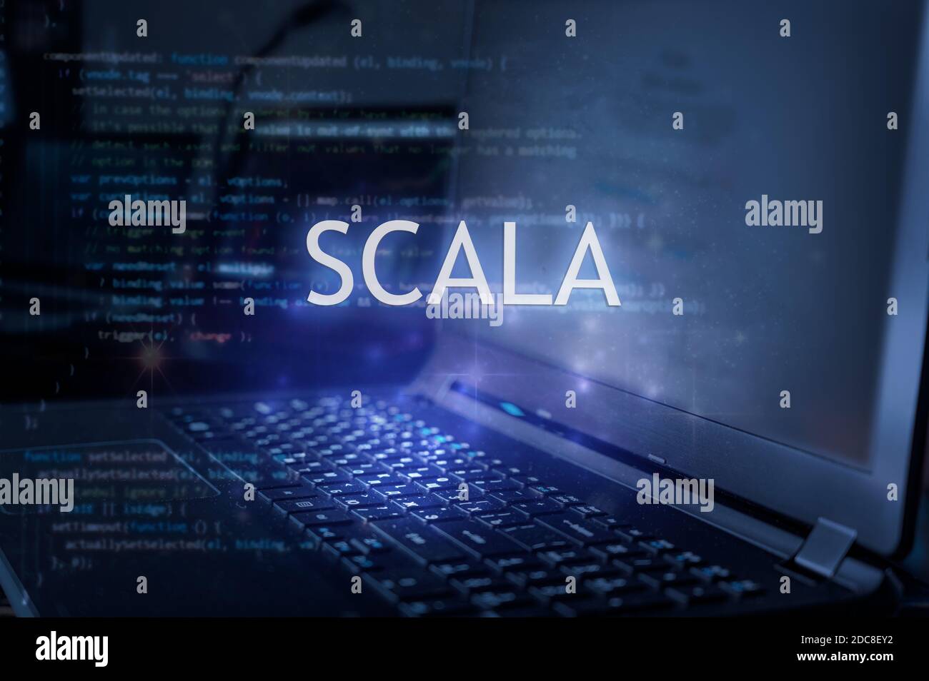 Scala inscription against laptop and code background. Learn scala programming language, computer courses, training. Stock Photo