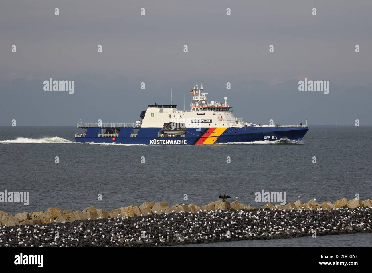 The ship of the German Coast Guard Potsdam will pass Cuxhaven on the river Elbe on August 20, 2020. Stock Photo