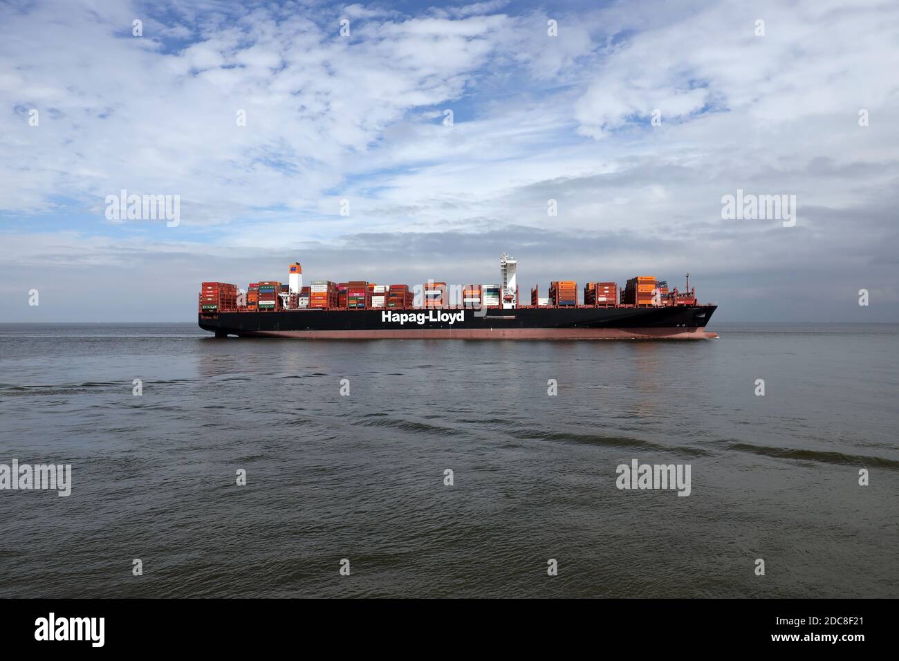 The container ship Al Zubara will pass Cuxhaven on August 20, 2020 on its way to Hamburg. Stock Photo