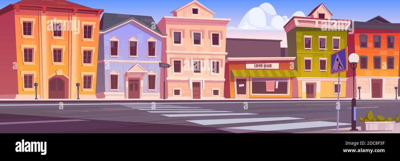 City Street With Houses Empty Car Road And Pedestrian Crosswalk Vector Cartoon Background With Cityscape Urban Landscape With Residential Buildings Office And Shops Stock Vector Image Art Alamy