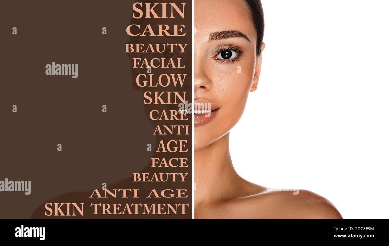 Skin care concept. beauty portrait mixed race woman with glow and natural skin. Female face fresh and radiance. Stock Photo
