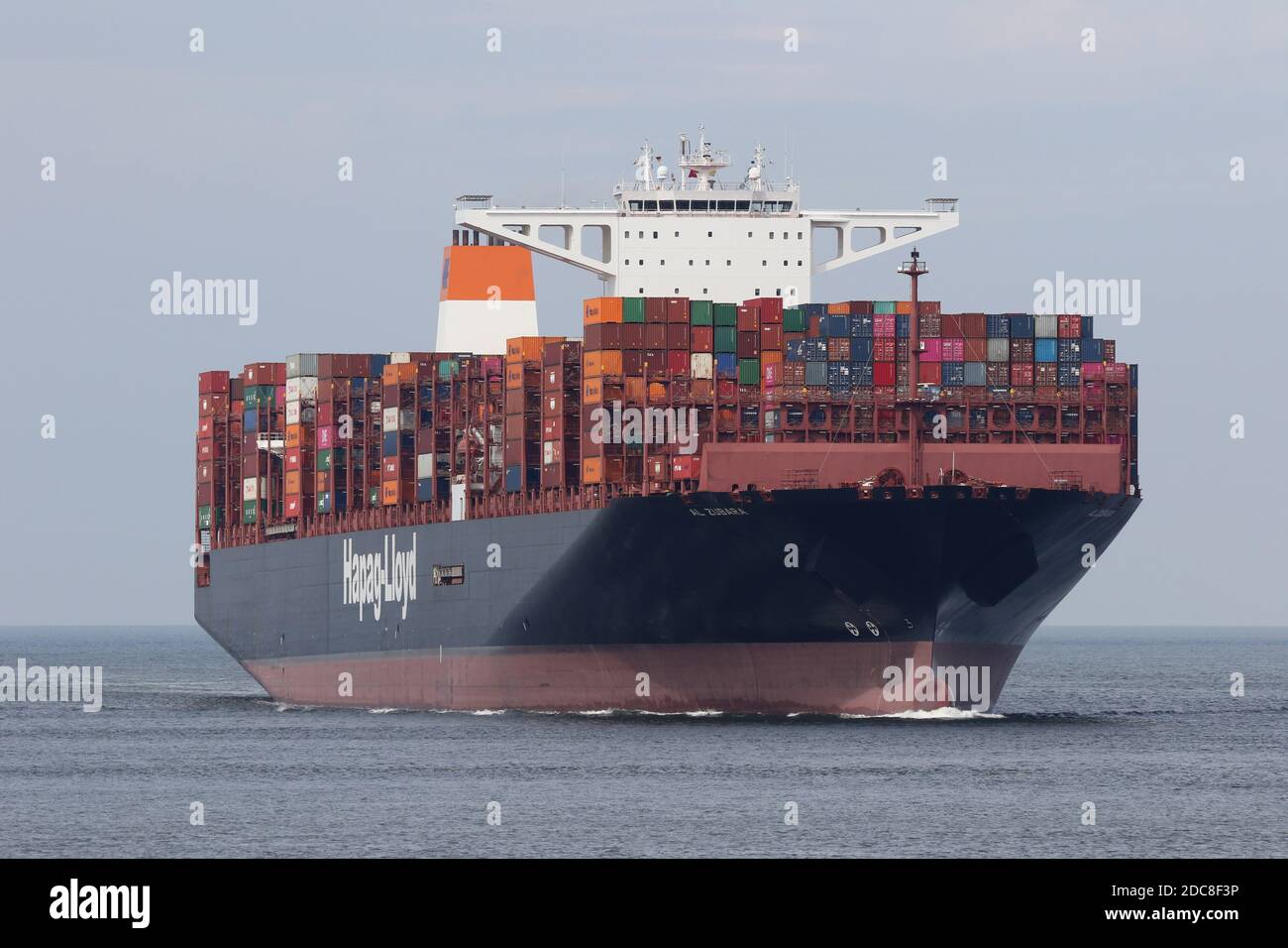 The container ship Al Zubara will pass Cuxhaven on August 20, 2020 on its way to Hamburg. Stock Photo