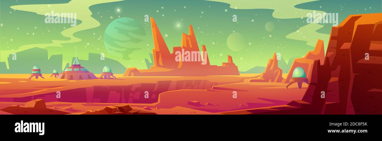 Landscape of Mars surface with colony base. Vector cartoon futuristic illustration of alien red planet surface with dome building, mountains, moon and stars in sky. Galaxy exploration and colonization Stock Vector