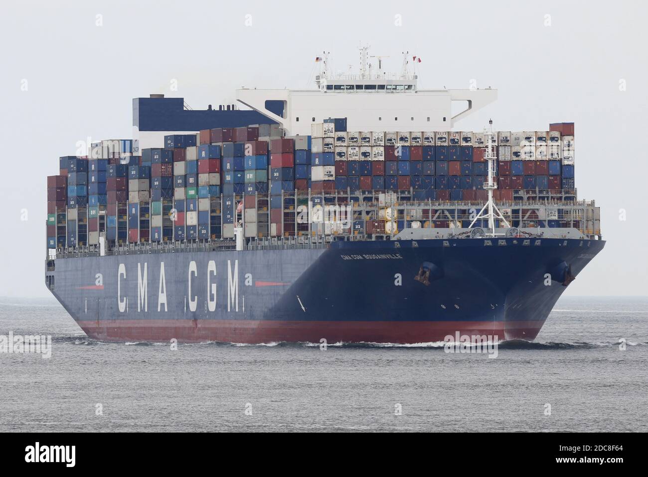 The container ship CMA CGM Bougainville will pass Cuxhaven on August 20, 2020 on its way to Hamburg. Stock Photo