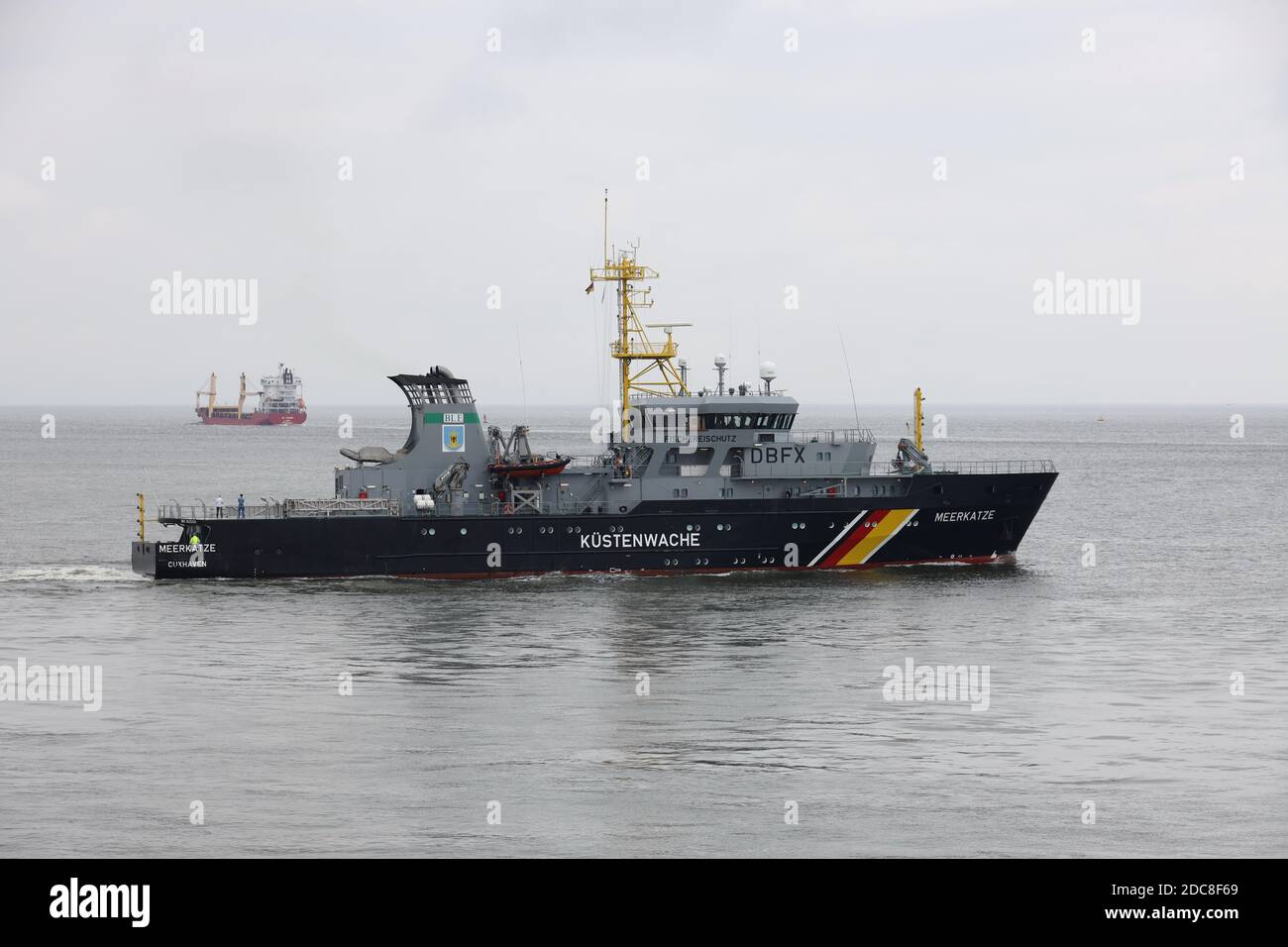 The fish protection ship of the coast guard Meerkatze will leave the port of Cuxhaven on August 20, 2020. Stock Photo