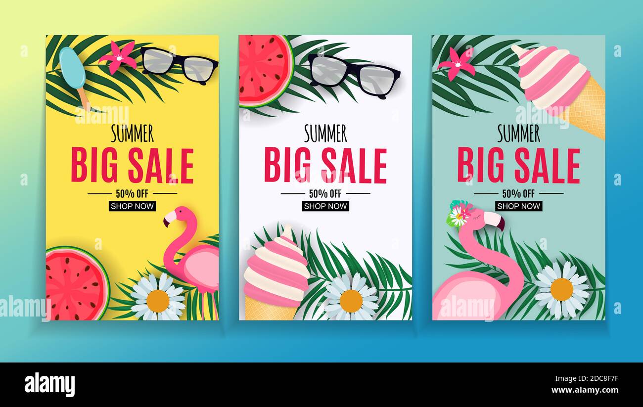 Abstract Summer Sale Background with Palm Leaves and Flamingo ...