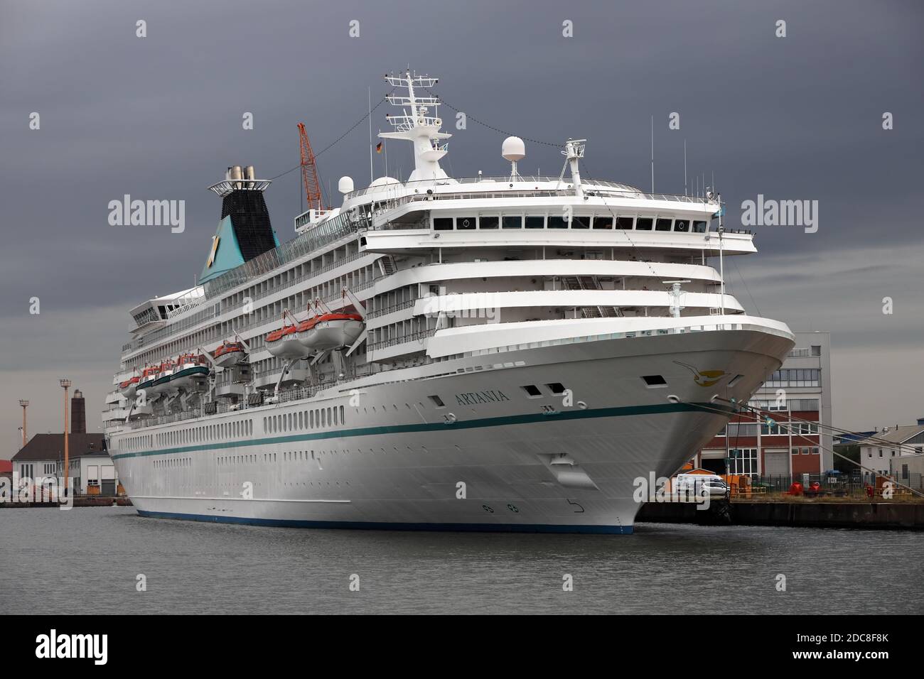 The cruise ship Artania will be moored in the port of Bremerhaven at the shipyard on August 20, 2020. Stock Photo
