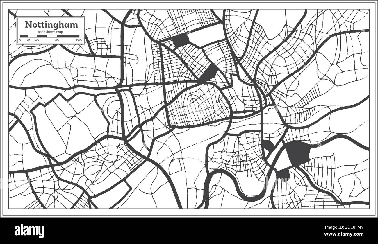 Nottingham Great Britain City Map in Black and White Color in Retro Style. Outline Map. Vector Illustration. Stock Vector