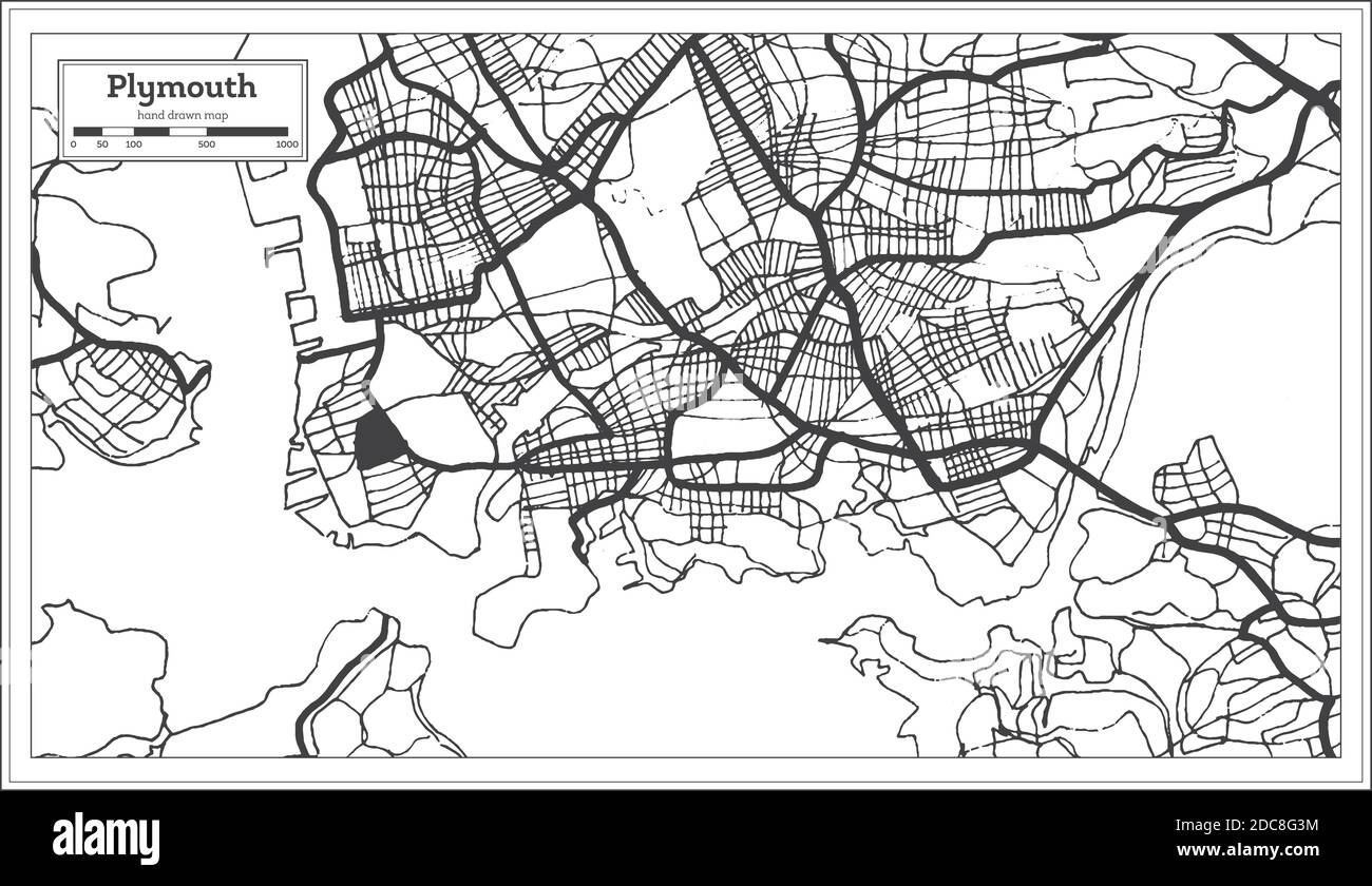Plymouth Great Britain City Map in Black and White Color in Retro Style ...