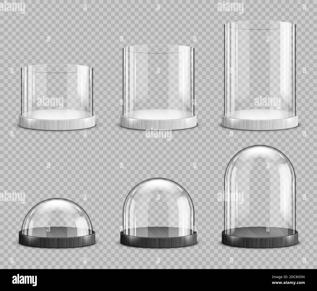 Realistic glass domes and cylinders, christmas snow globe souvenirs, isolated crystal semisphere containers on base small, medium and large size. Festive xmas gift mock up, Realistic 3d vector set Stock Vector