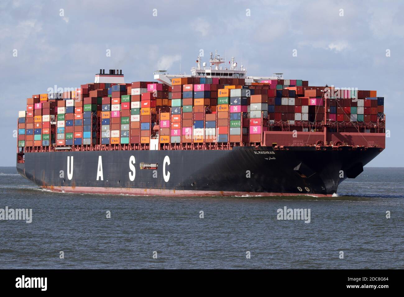The container ship Al Mashrab will pass Cuxhaven on August 23, 2020 on its way to Hamburg. Stock Photo