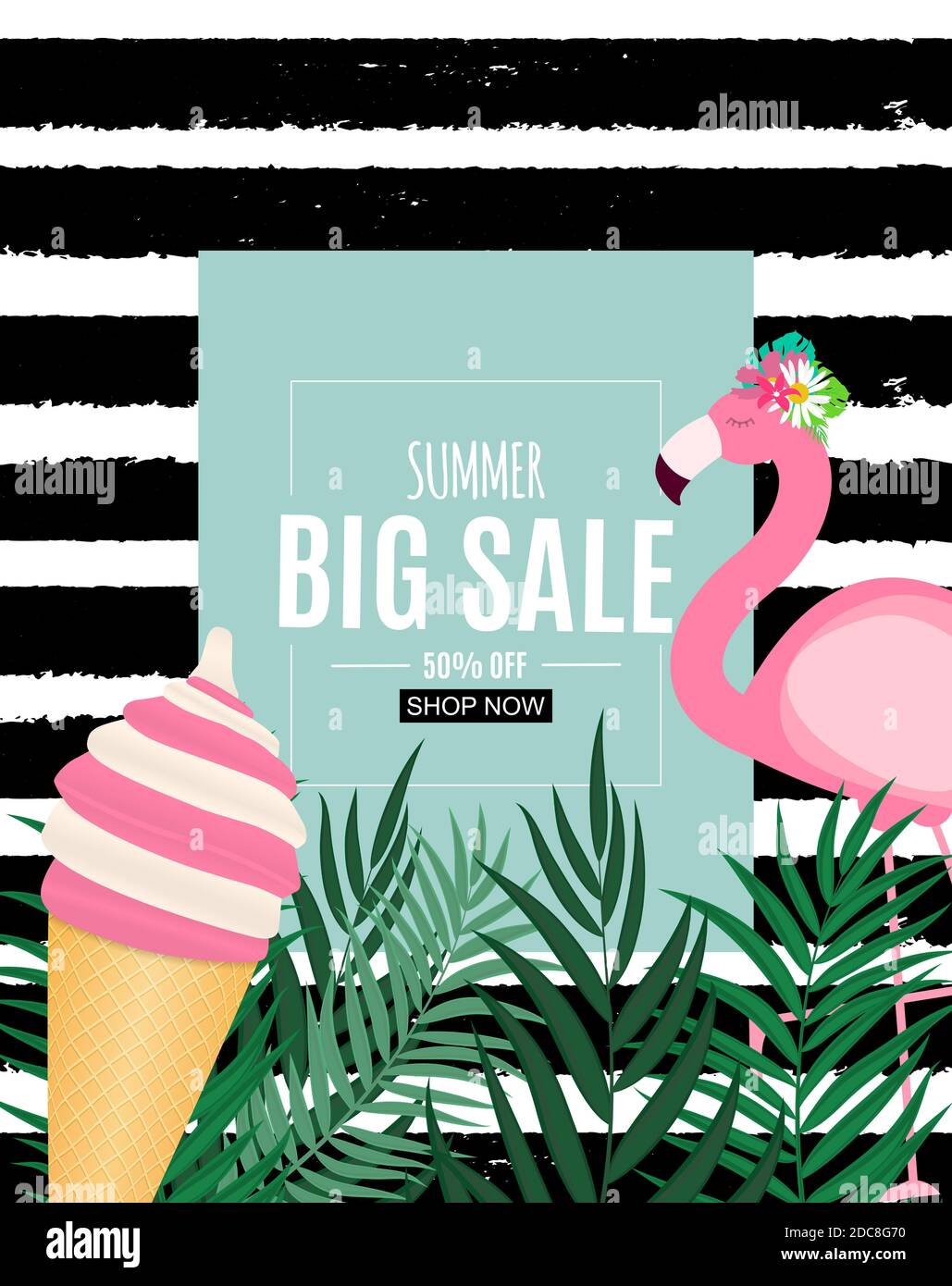 Abstract Summer Sale Background with Palm Leaves and Flamingo ...