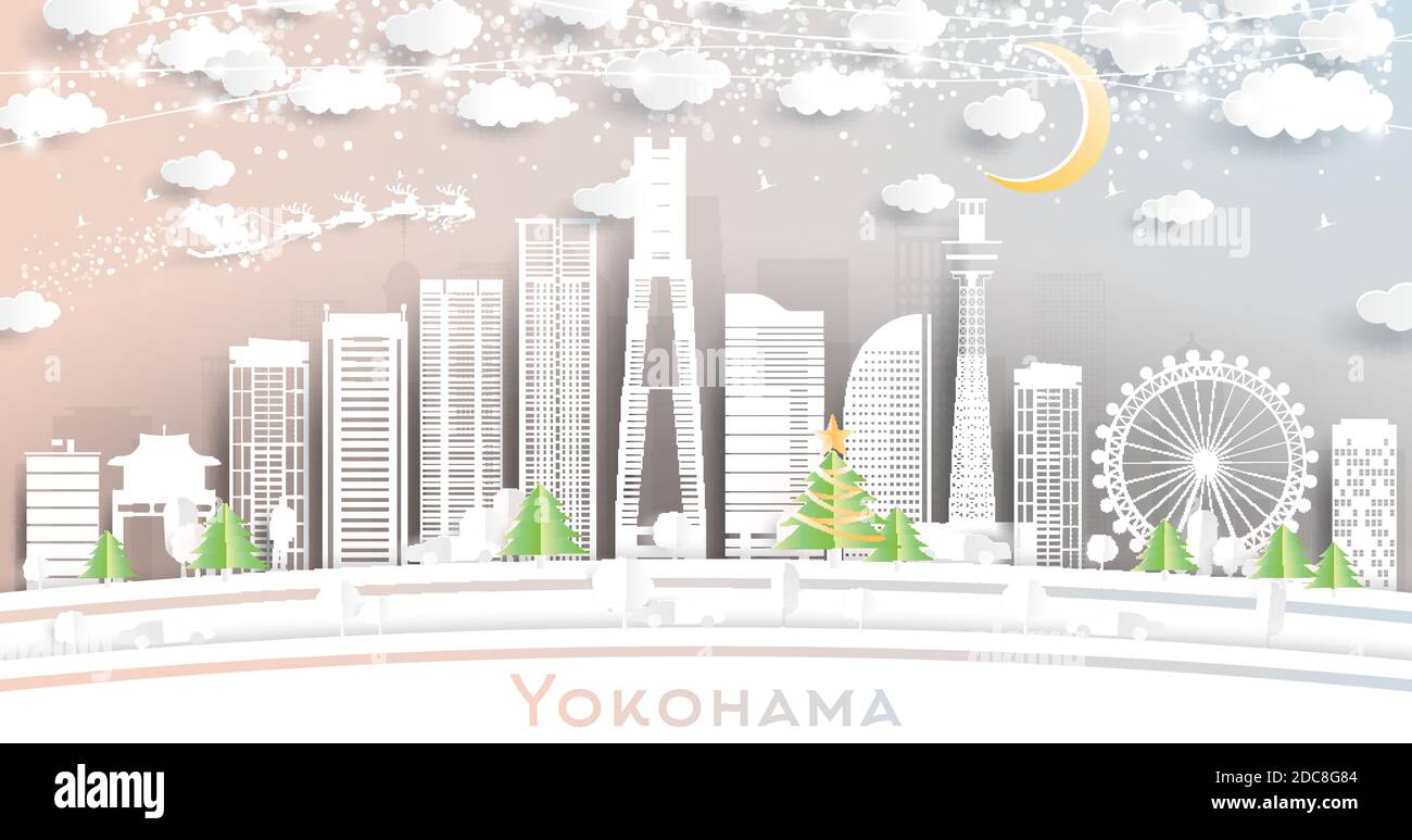 Yokohama Japan City Skyline in Paper Cut Style with Snowflakes, Moon and Neon Garland. Vector Illustration. Christmas and New Year Concept. Stock Vector