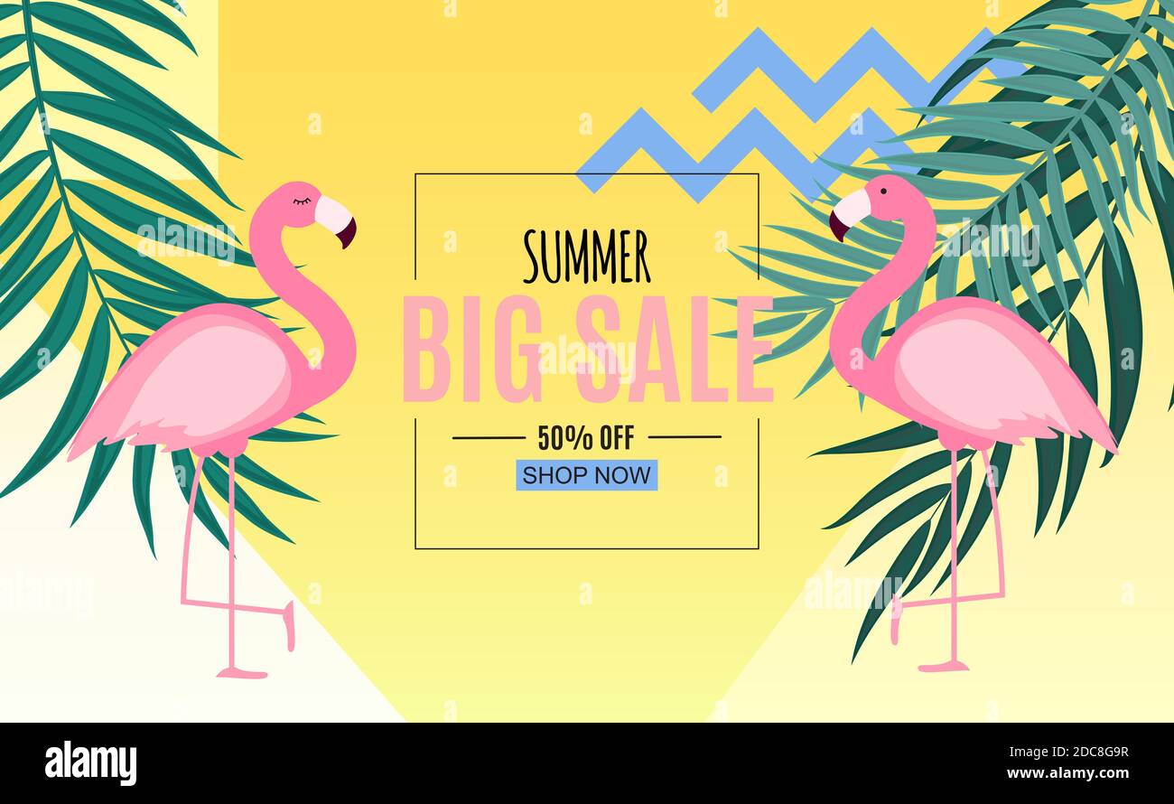 Abstract Summer Sale Background with Palm Leaves and Flamingo ...