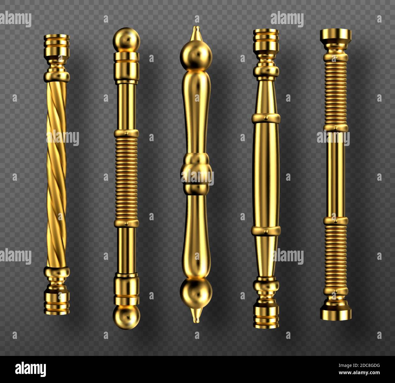 Gold door handles in baroque style, vintage golden doorknobs, classic ornate luxurious oriental column knobs, yellow metal jewelry home decor isolated on transparent background, Realistic 3d vector Stock Vector