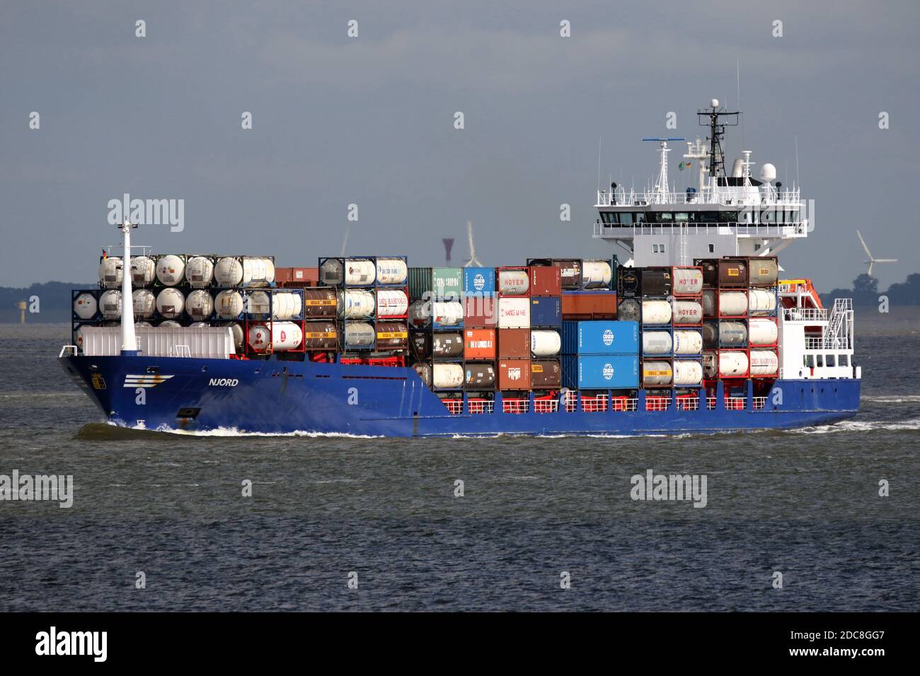 The feeder ship Njord will pass Cuxhaven on August 23, 2020 on its way to the North Sea. Stock Photo