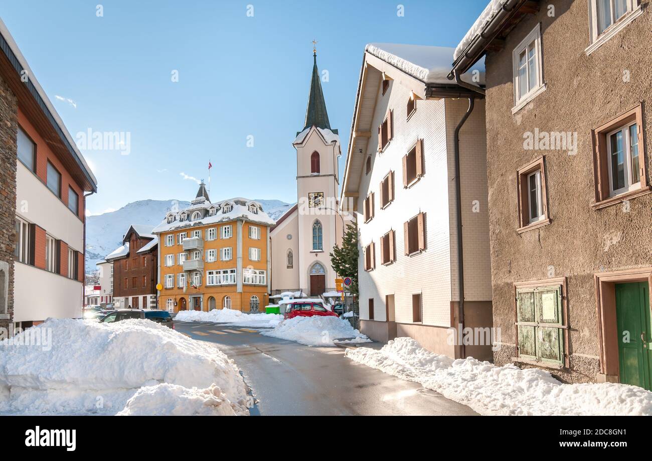 View of Realp in winter, is a Small Village close to the larger ski area of Andermatt in canton Uri, Switzerland Stock Photo