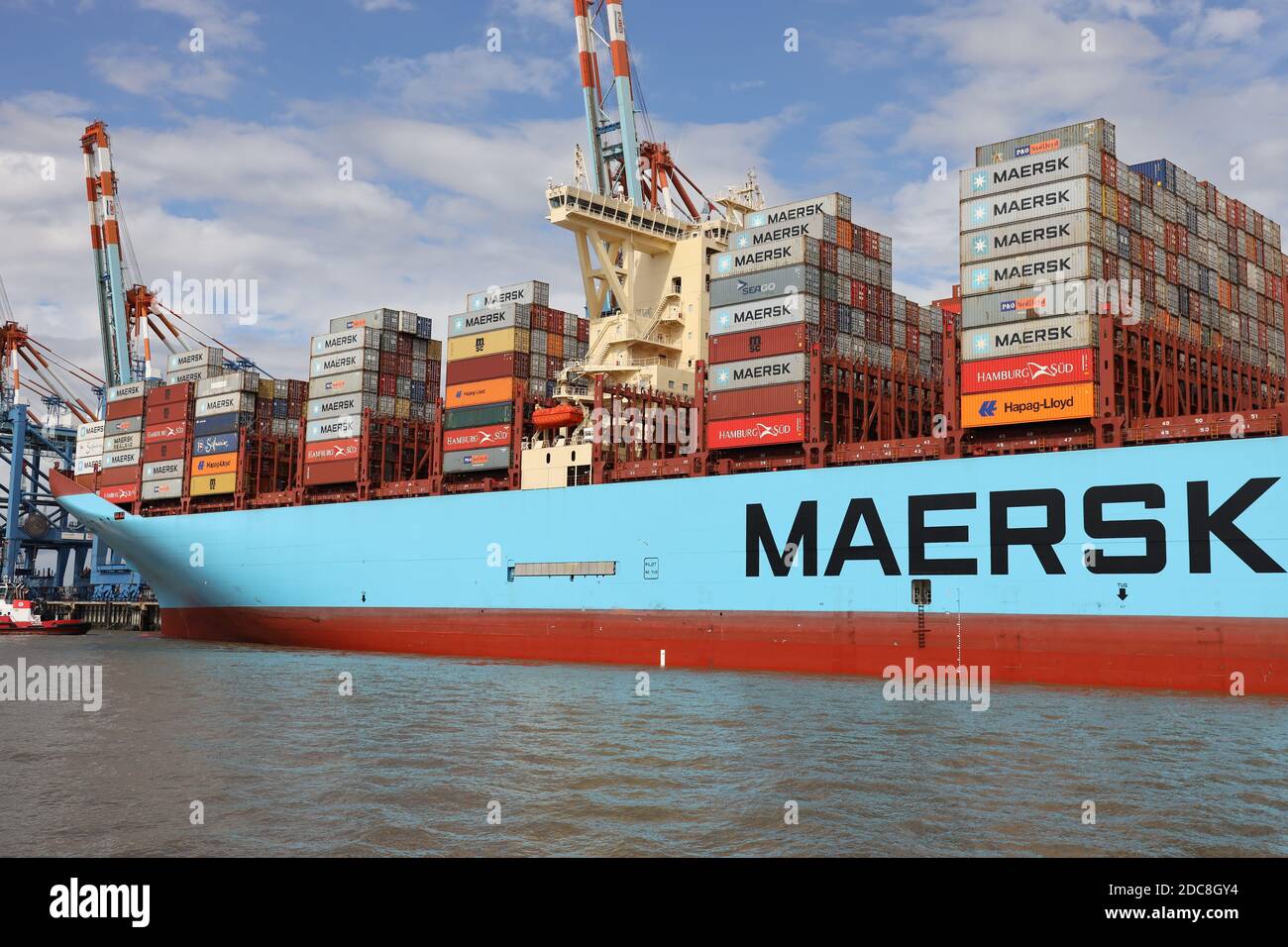 The container ship Mette Maersk will dock in the port of Bremerhaven on August 24, 2020. Stock Photo