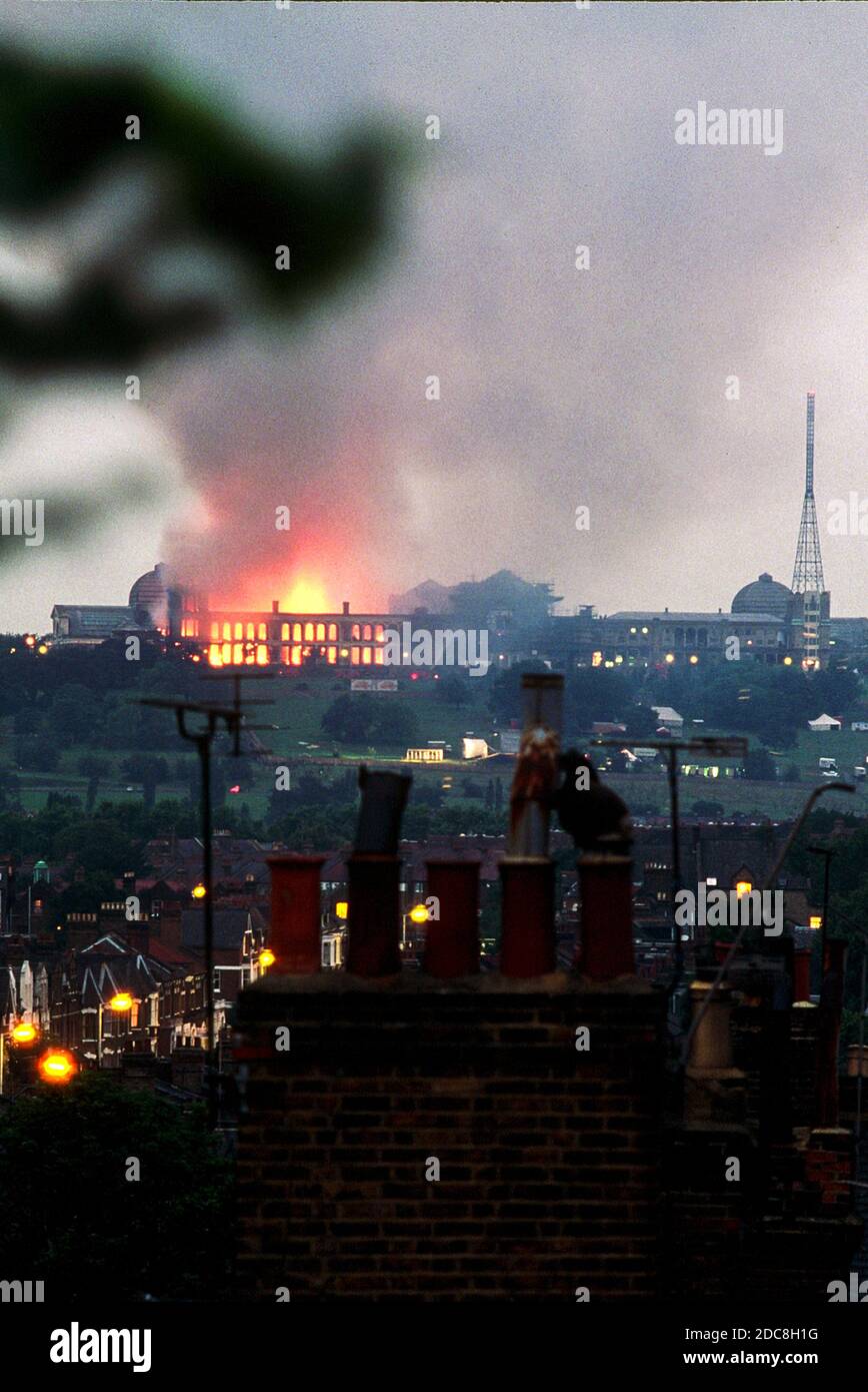 UK, London, Hornsey/Muswell Hill, N22 7AY Alexandra Palace was partially destroyed by fire (for the second time) on the 10th July 1980 during Capital Radio's Jazz Festival. Photo was taken from Nelson Rd, looking across The Vale of Hornsey. Stock Photo