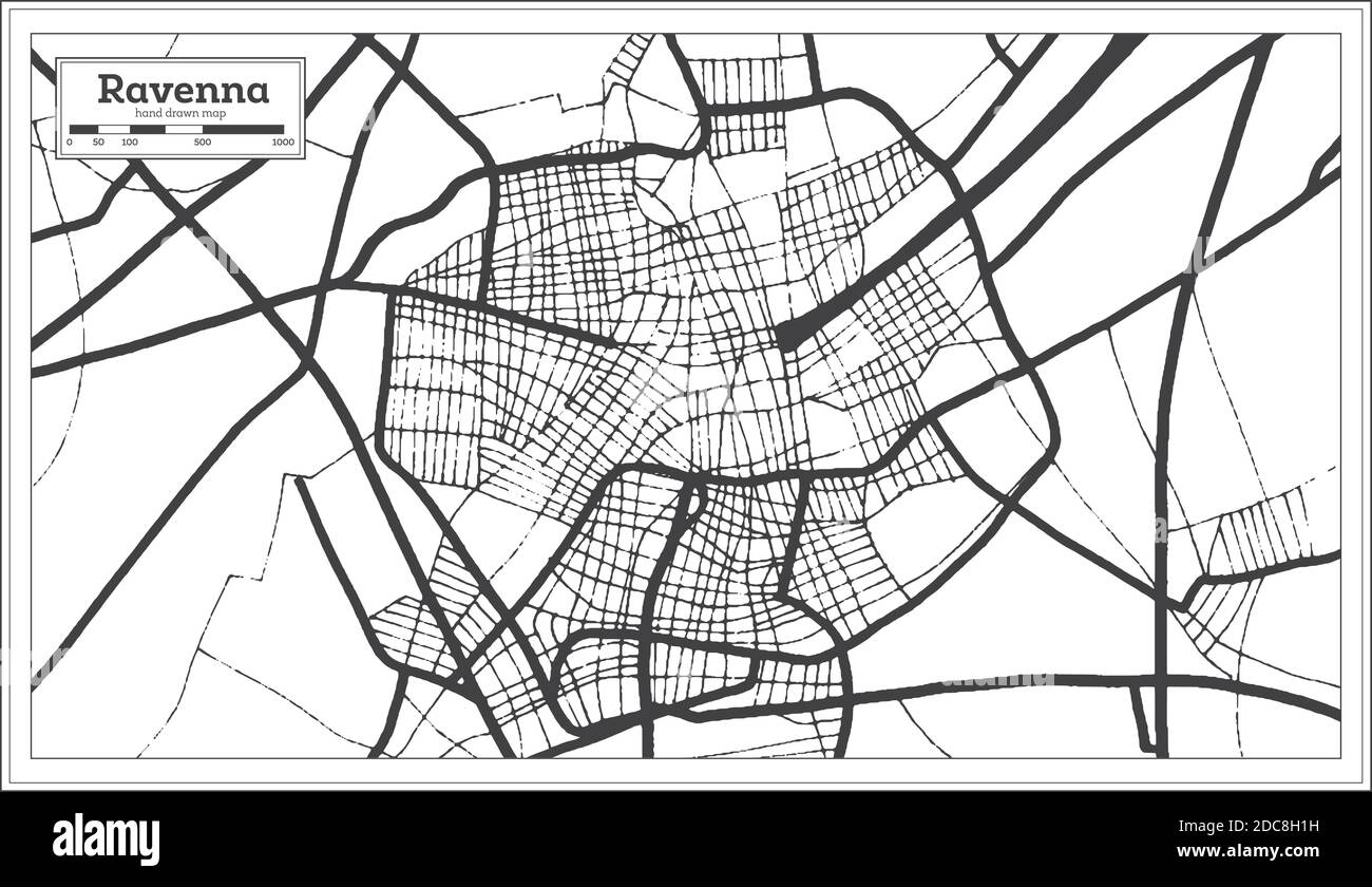 Ravenna Italy City Map in Black and White Color in Retro Style. Outline Map. Vector Illustration