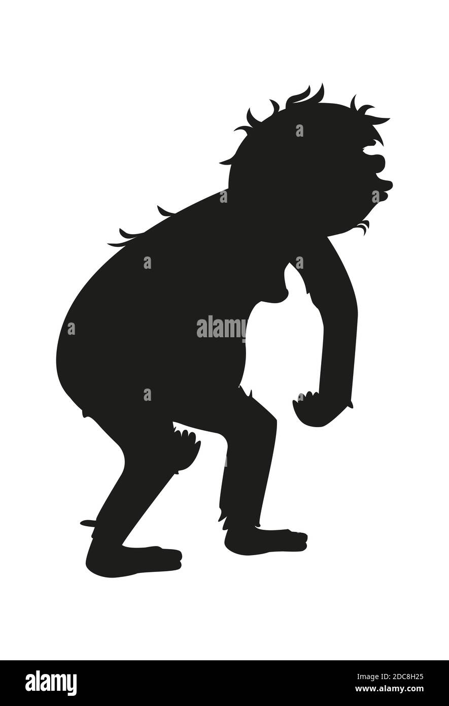 Ancient monkey or homo erectus black silhouette, human ancestor cartoon vector illustration. Tailless great ape, primates, one of stages in Darwin evolutionary theory, isolated on white background Stock Vector