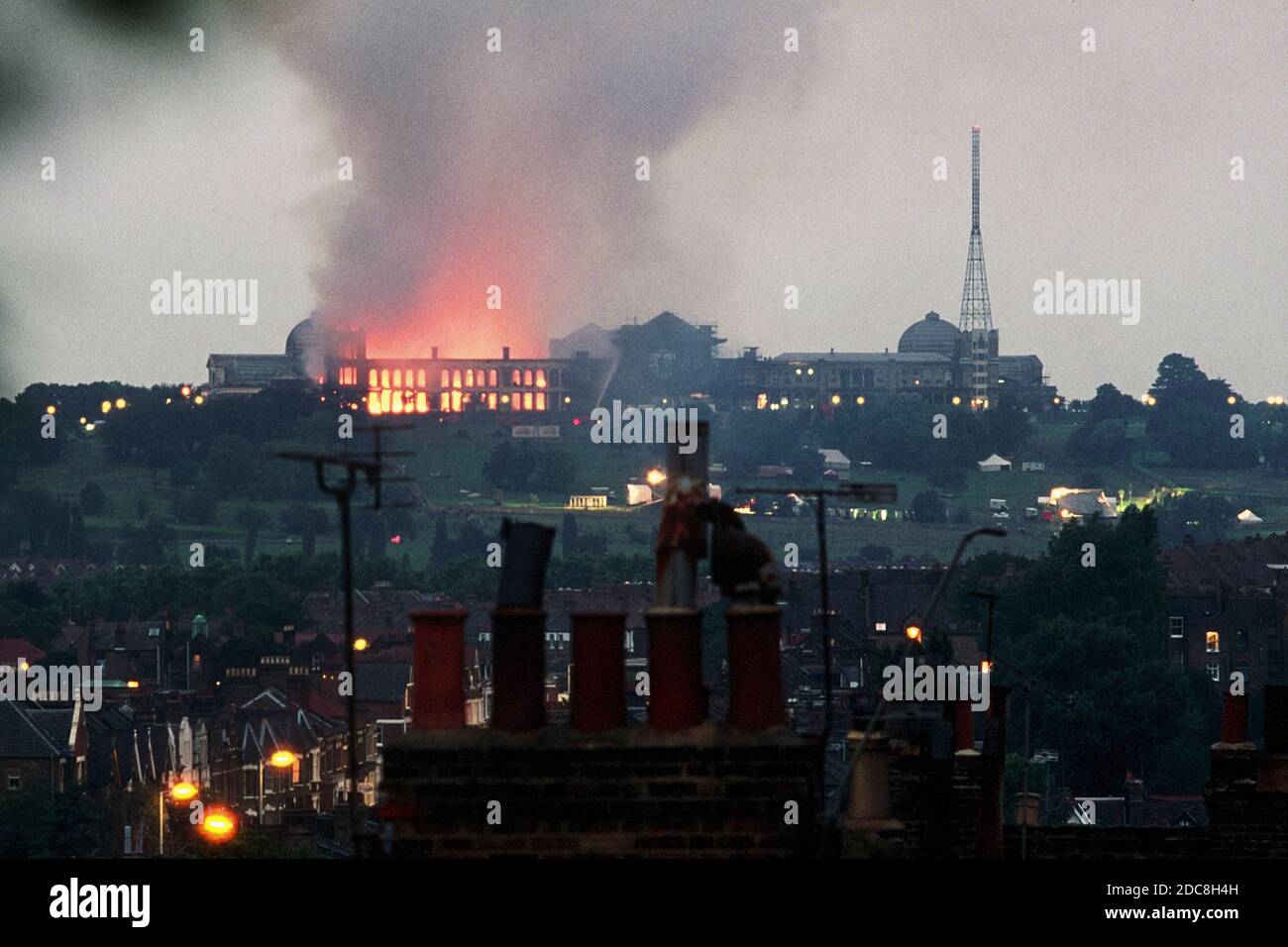 UK, London, Hornsey/Muswell Hill, N22 7AY Alexandra Palace was partially destroyed by fire (for the second time) on the 10th July 1980 during Capital Radio's Jazz Festival. The photo was taken from the top of Nelson Rd, looking across Hornsey Vale Stock Photo