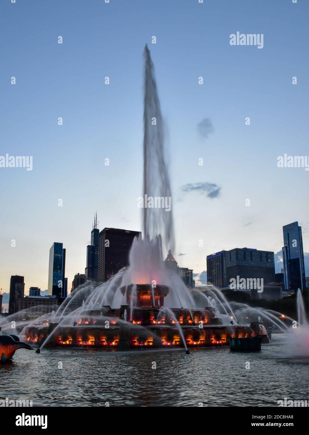 Historic landmark tourist attraction water fountain at night with ...