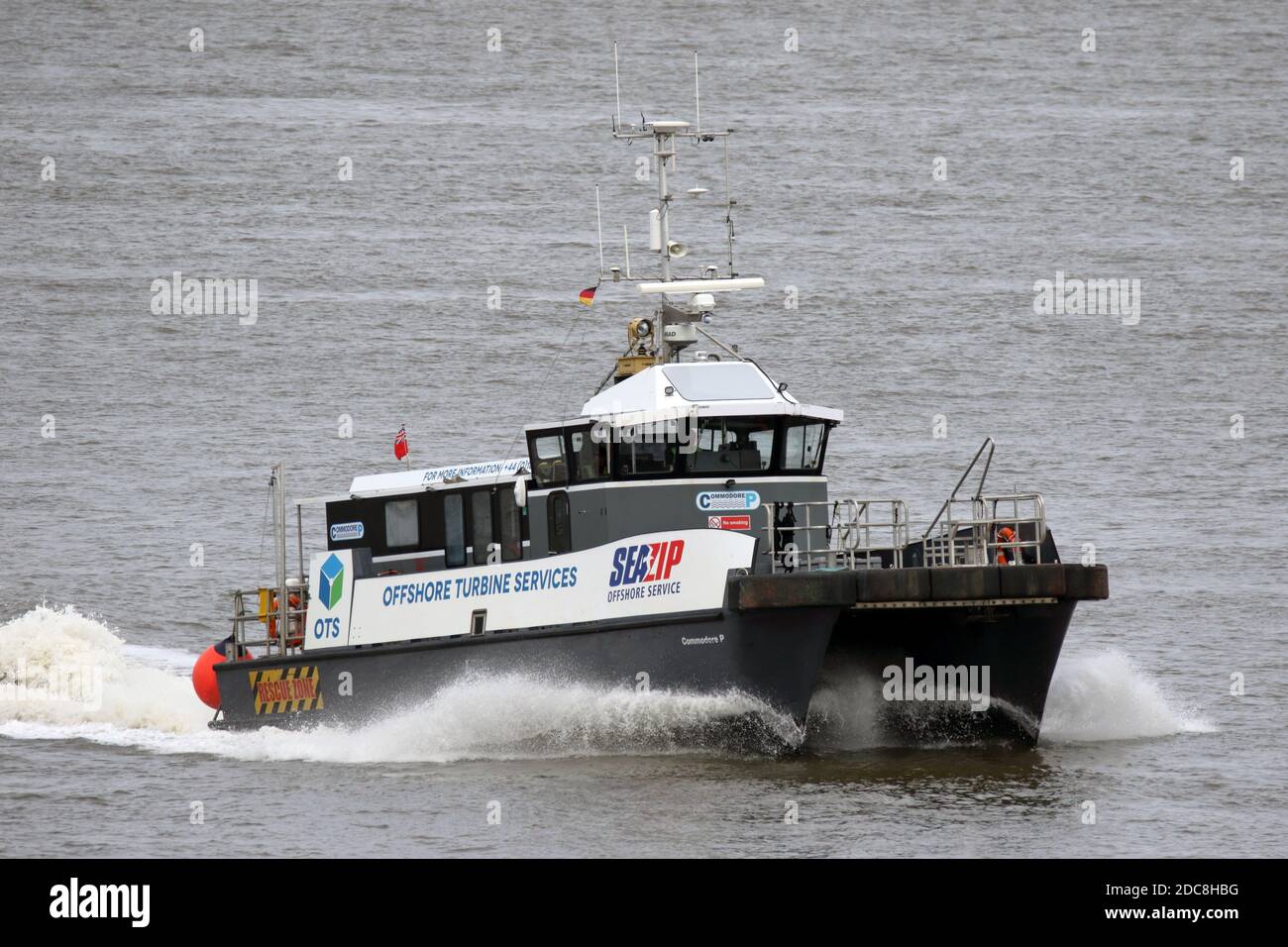 The offshore crew boat Commondore P will pass Cuxhaven on August 25, 2020. Stock Photo