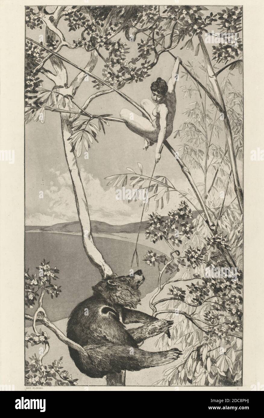 Max Klinger, (artist), German, 1857 - 1920, Bear and Elf (Bär und Elfe):  pl.1, Intermezzi, Opus IV (Singer 52-63), (series), published 1881, etching  and aquatint, image: 39.3 x 22.5 cm (15 1/2