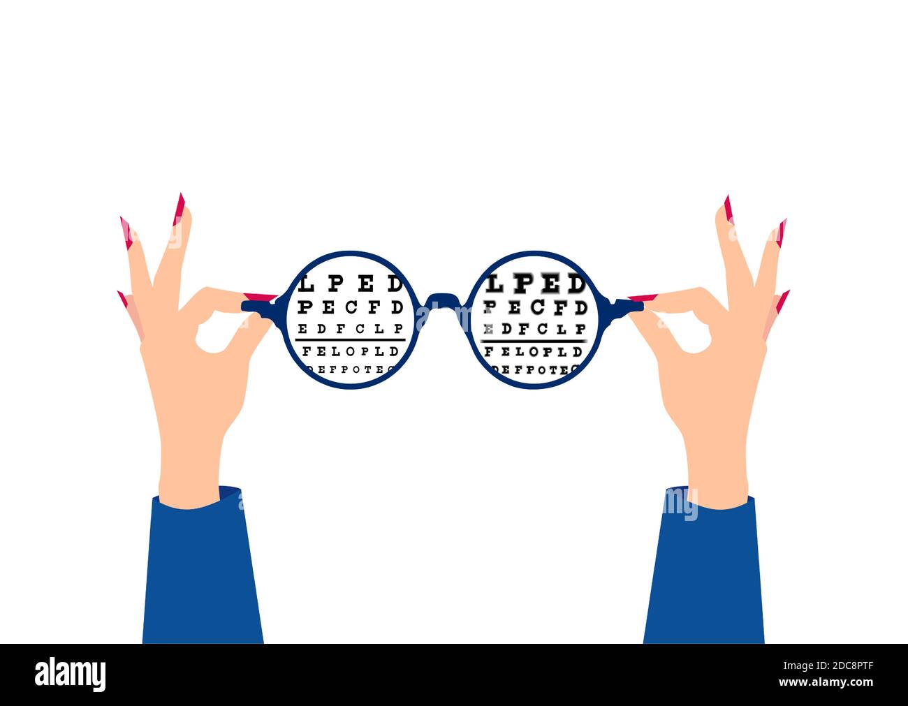 Vector of woman hands holding glasses with different lenses, blurred and clear Stock Vector
