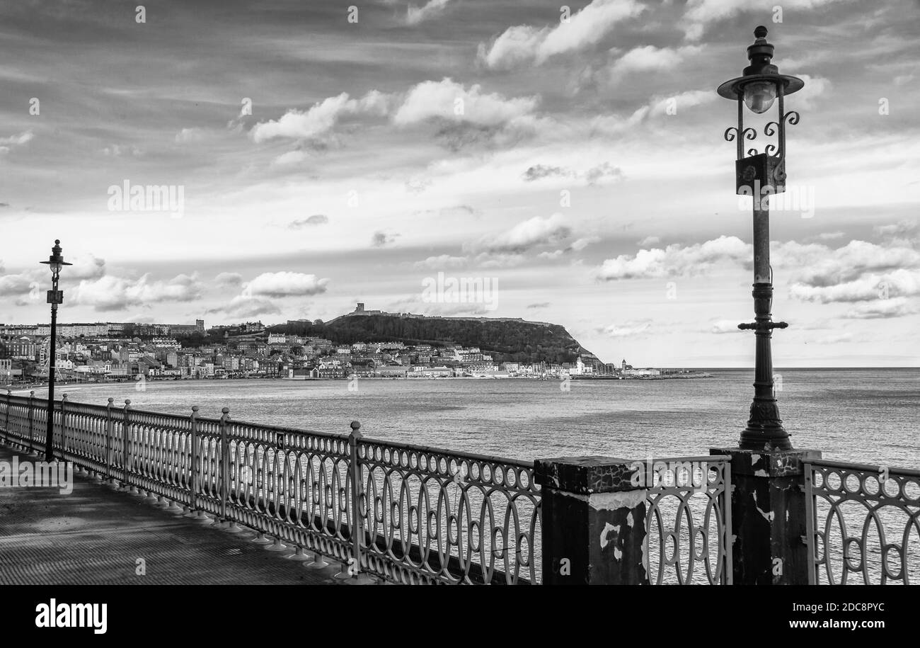 The terrace of Scarborough Spa entertainment centre overlooking the bay. Scarborough town and