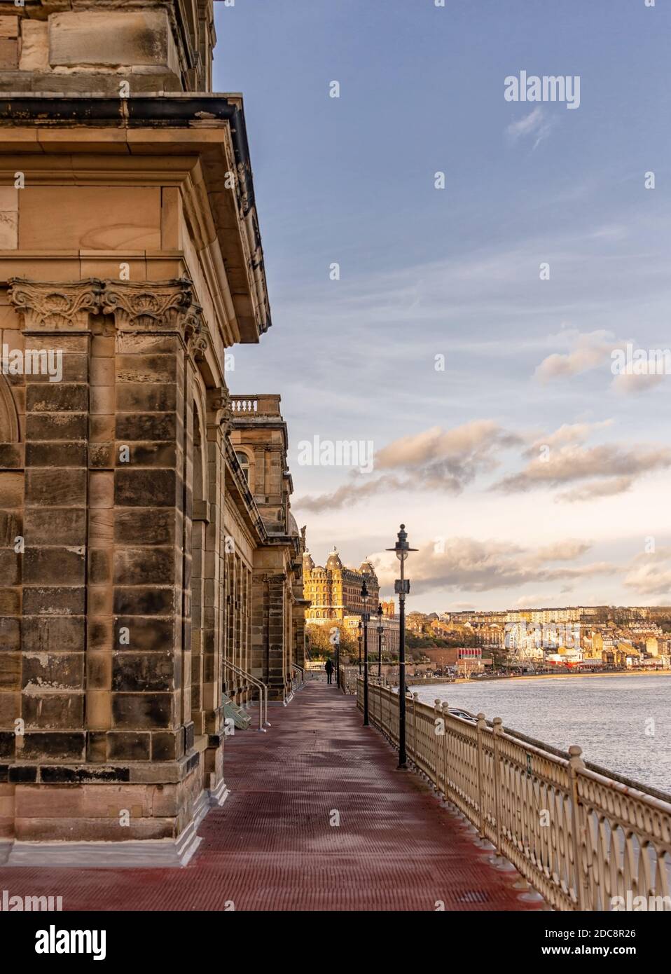 The terrace of Scarborough Spa entertainment centre overlooking the bay. Scarborough town is in