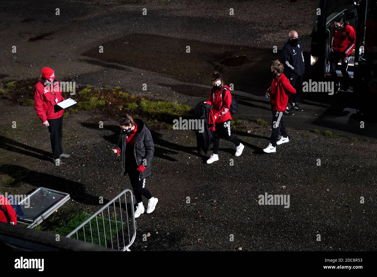 Sheffield United exit their coach before the Continental Tyres League Cup match at Butts Park Arena, Coventry. Stock Photo