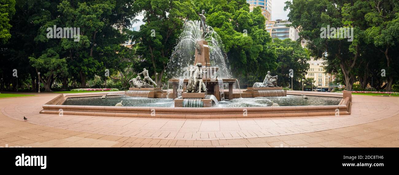 Archibald Fountain, by artist François-Léon Sicard, Hyde Park, Sydney, Australia, during 2020 covid pandemic, shows impact on tourism, the usually pac Stock Photo