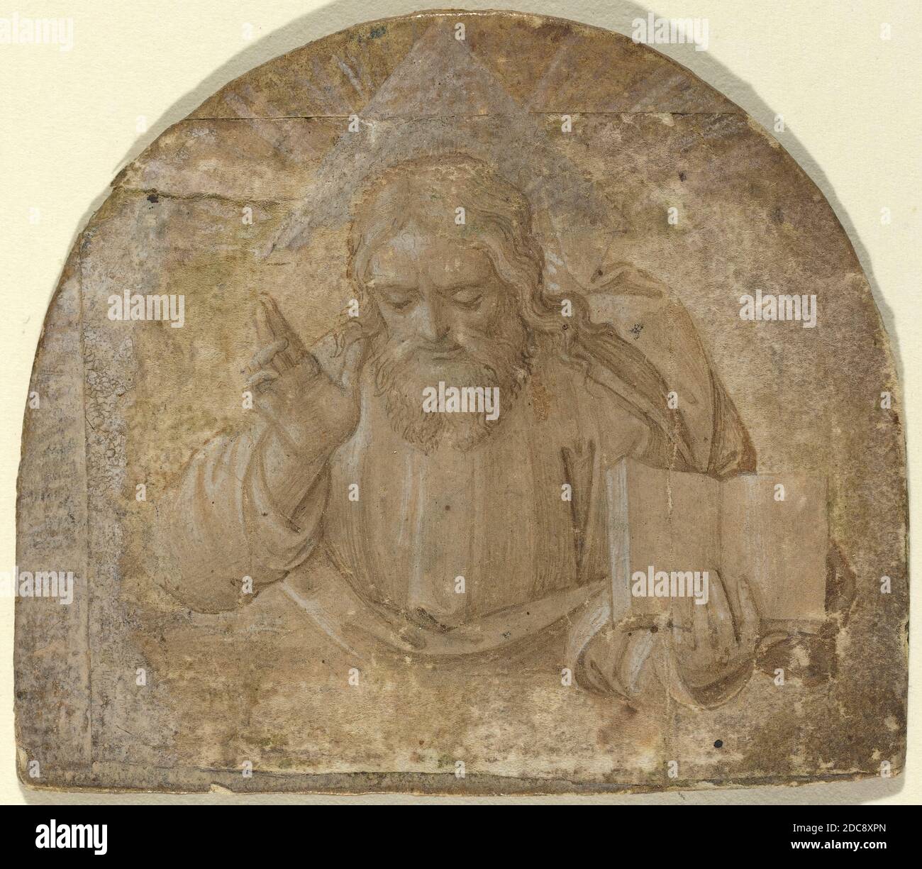 Girolamo dai Libri, (artist), Lombard, 1474 - 1555, God the Father with His Right Hand Raised in Blessing, leadpoint(?), pen and brown ink and wash, heightened with white on cream-colored prepared(?) paper laid down on wood panel, overall (lunette): 7 x 8.1 cm (2 3/4 x 3 3/16 in Stock Photo