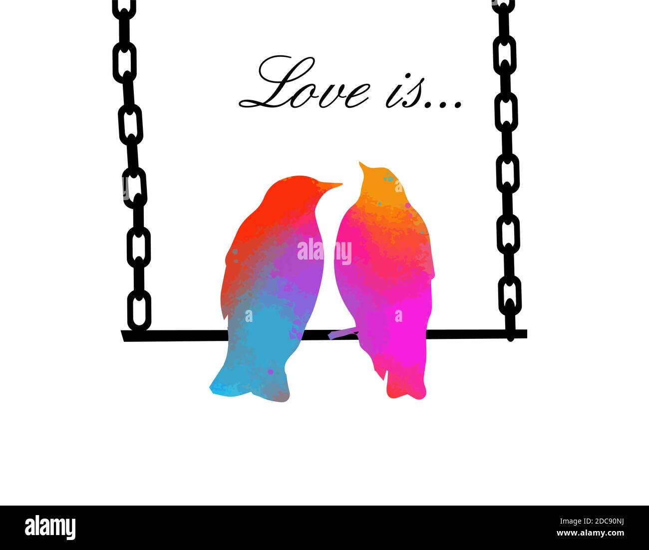 Two birds in love sit on a swing. Happy Valentine's Day. With love. Mixed media. Vector illustration Stock Vector